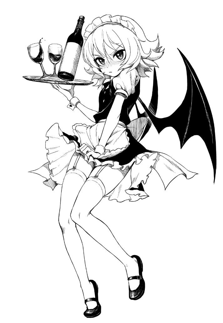 1girl alternate_costume apron bat_wings blush bottle covering covering_crotch cup drinking_glass embarrassed enmaided fkey frilled_apron frilled_skirt frills full_body garter_straps jpeg_artifacts looking_at_viewer maid maid_headdress mary_janes miniskirt monochrome puffy_short_sleeves puffy_sleeves remilia_scarlet shoes short_hair short_sleeves simple_background skirt solo thigh-highs touhou tray vest waist_apron wine_bottle wine_glass wings wrist_cuffs