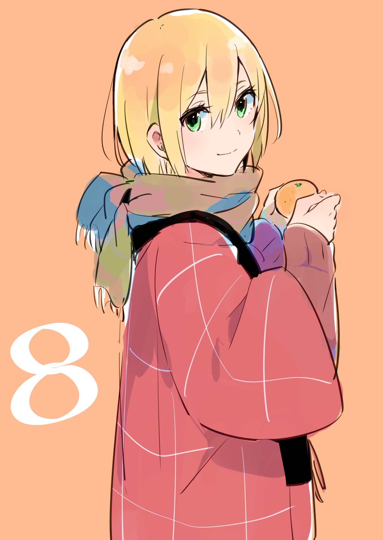 1girl blonde_hair commentary_request copyright_request dotera_(clothes) food from_side fruit green_eyes highres holding holding_fruit light_smile looking_at_viewer looking_to_the_side mandarin_orange monsieur new_year orange_background scarf simple_background solo