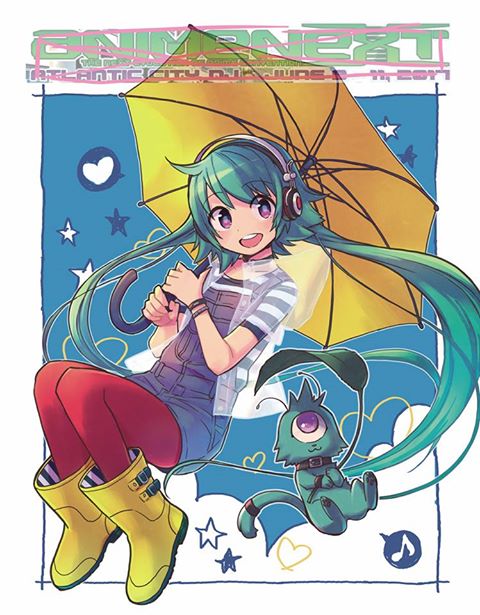 1girl animenext boots gamna green_hair headphones heart leaf leaf_umbrella long_hair looking_at_viewer mago mascot minae_(animenext) musical_note official_art outside_border overalls raincoat red_legwear rubber_boots shirt simple_background smile spoken_heart spoken_musical_note star striped striped_shirt umbrella very_long_hair violet_eyes white_background yellow_boots