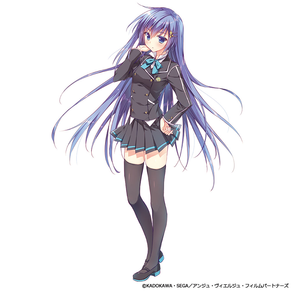 1girl ange_vierge bangs blazer blue_eyes blue_hair bow bowtie breasts company_connection copyright_name eyebrows_visible_through_hair full_body grey_legwear hair_ornament hairclip hands_on_hips jacket long_hair long_sleeves medium_breasts official_art pantyhose pleated_skirt shoes simple_background skirt solo standing thigh-highs white_background zettai_ryouiki