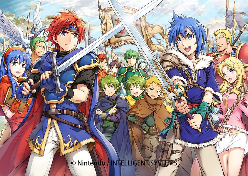 alen armor belt blue_eyes blue_hair cape chad_(fire_emblem) closed_eyes company_connection copyright_name day echidna_(fire_emblem) fingerless_gloves fir fire_emblem fire_emblem:_fuuin_no_tsurugi fur_trim gloves green_hair grey_eyes headband holding holding_weapon lance_(fire_emblem) lilina long_hair lugh_(fire_emblem) multiple_boys multiple_girls official_art open_mouth outdoors pants pegasus pegasus_knight polearm raigh_(fire_emblem) redhead roy_(fire_emblem) short_hair short_sleeves skirt sky smile spear staff sword thany weapon