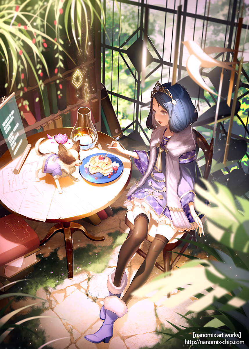 1girl black_legwear blue_hair blush boots chair chippu food fork fruit green_hair highres holding holding_fork looking_at_another nano_mikusu open_mouth original pancake short_hair sitting smile strawberry suzki00 table thigh-highs tiara whipped_cream window