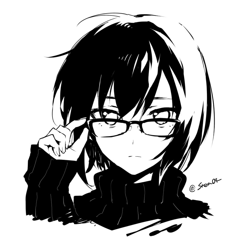 1girl arisaka_ako bangs closed_mouth expressionless glasses greyscale looking_at_viewer monochrome original portrait short_hair sidelocks simple_background sketch solo sweater turtleneck turtleneck_sweater twitter_username