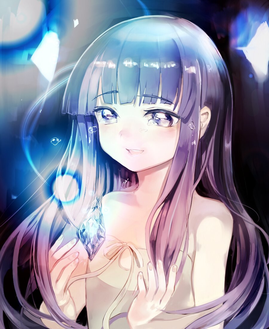 1girl bare_shoulders blunt_bangs blush crystal dress furude_rika higurashi_no_naku_koro_ni hime_cut kafi lens_flare light night open_mouth purple_eyes purple_hair solo tagme