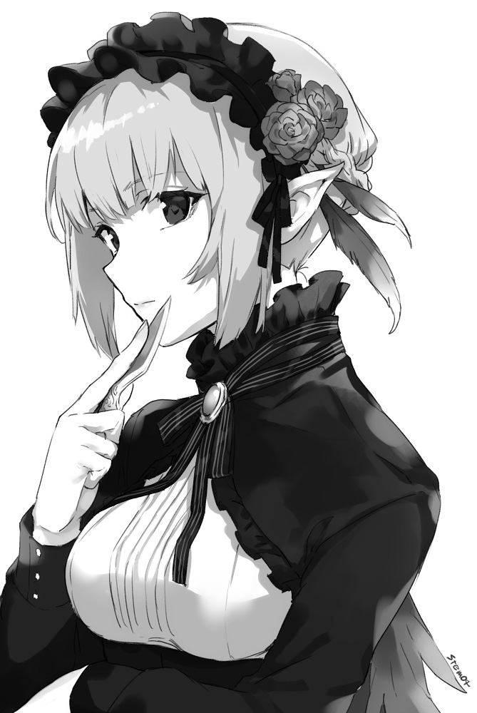 1girl arisaka_ako artist_name bangs braid breasts closed_mouth crown_braid expressionless eyebrows_visible_through_hair feathers flower frills gothic_lolita greyscale hair_feathers hair_flower hair_ornament knife lolita_fashion long_sleeves looking_at_viewer medium_breasts monochrome original pointy_ears sidelocks signature simple_background solo upper_body