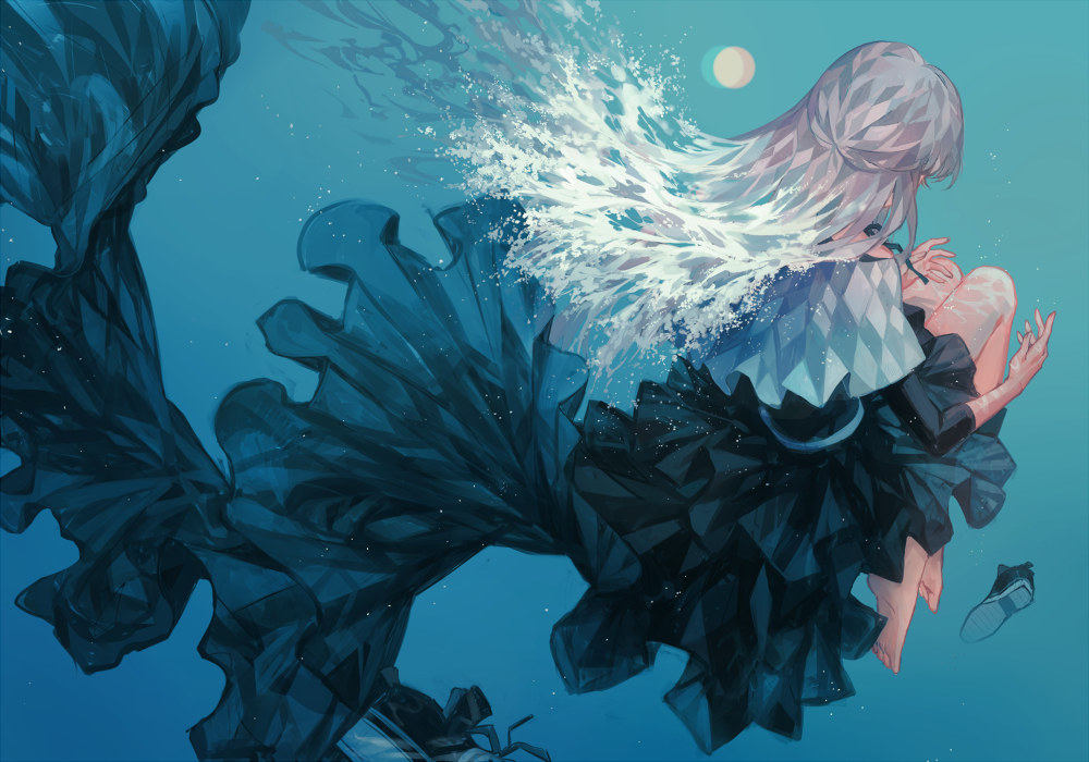 1girl air_bubble bent_knees black_skirt from_behind full_body grey_hair kanekiru liquid_hair long_hair long_skirt original pleated_skirt shirt shoes_removed short_over_long_sleeves skirt underwater white_shirt