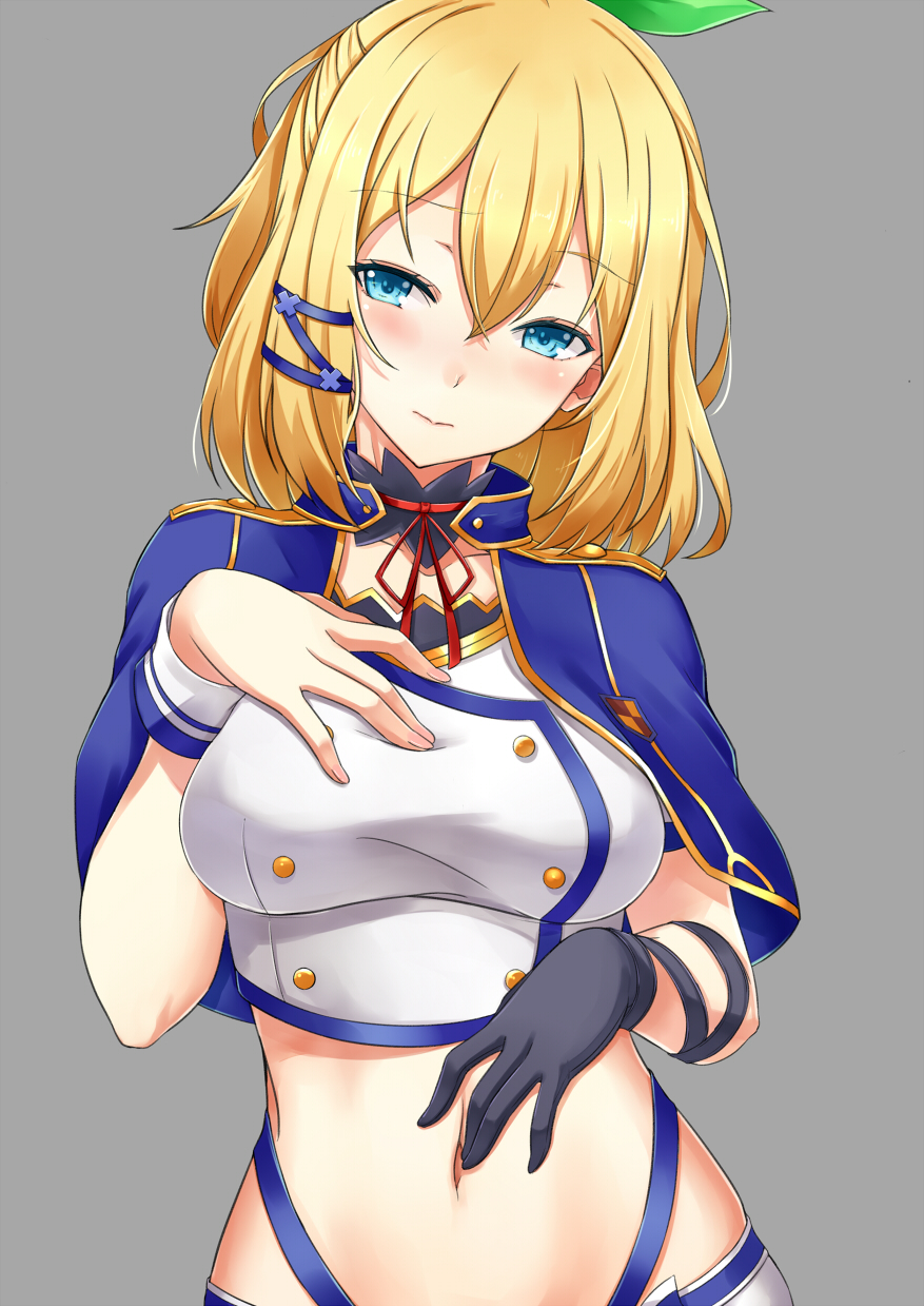 1girl armband asya bangs blonde_hair blue_eyes blush bow breasts cape capelet commentary_request detached_collar eyebrows_visible_through_hair gloves grey_background hair_bow hand_on_own_chest highres medium_breasts midriff navel rokudenashi_majutsu_koushi_to_akashic_record rumia_tingel short_hair simple_background single_glove solo upper_body wristband