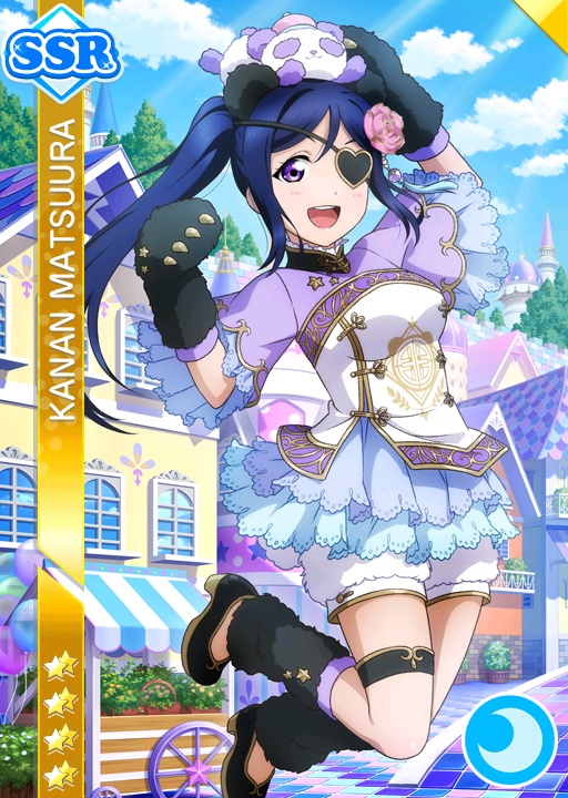 animal_ears blue_hair blush dress eyepatch fake_animal_ears happy long_hair love_live!_school_idol_festival love_live!_sunshine!! matsuura_kanan official_art paw_gloves ponytail purple_eyes sky town