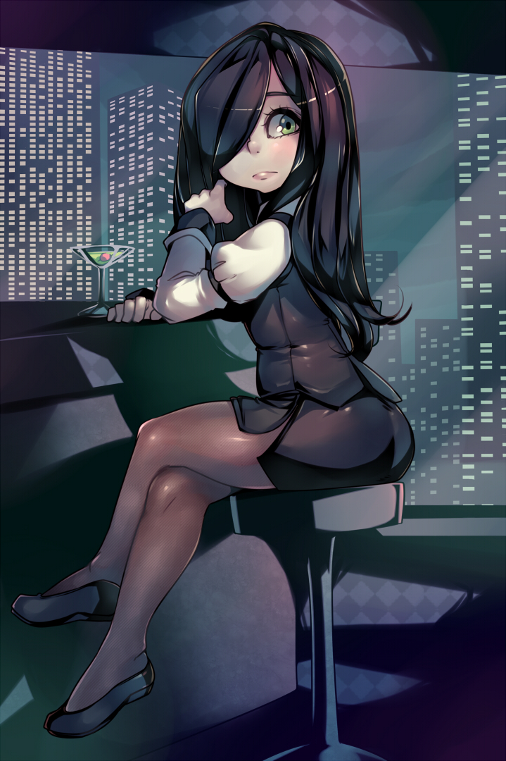 1girl aria_wintermint bar black_hair black_shoes black_skirt building city clouds cloudy_sky cocktail_glass cup drinking_glass formal green_eyes hair_over_one_eye indoors juliet_sleeves legs_crossed long_hair long_sleeves looking_at_viewer looking_back maximiliano_cabrera night olive pantyhose puffy_sleeves shoes sitting skirt skirt_suit sky skyscraper solo suit the_crawling_city