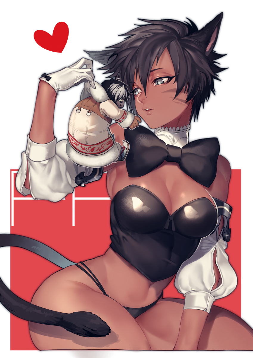 1girl animal_ears black_bow black_bowtie black_hair blue_eyes bow bowtie breasts cat_ears cleavage dark_skin detached_collar detached_sleeves dotsuco final_fantasy final_fantasy_xiv gloves heart highres looking_to_the_side midriff miqo'te navel panties parted_lips puffy_sleeves short_hair simple_background tail underwear white_gloves