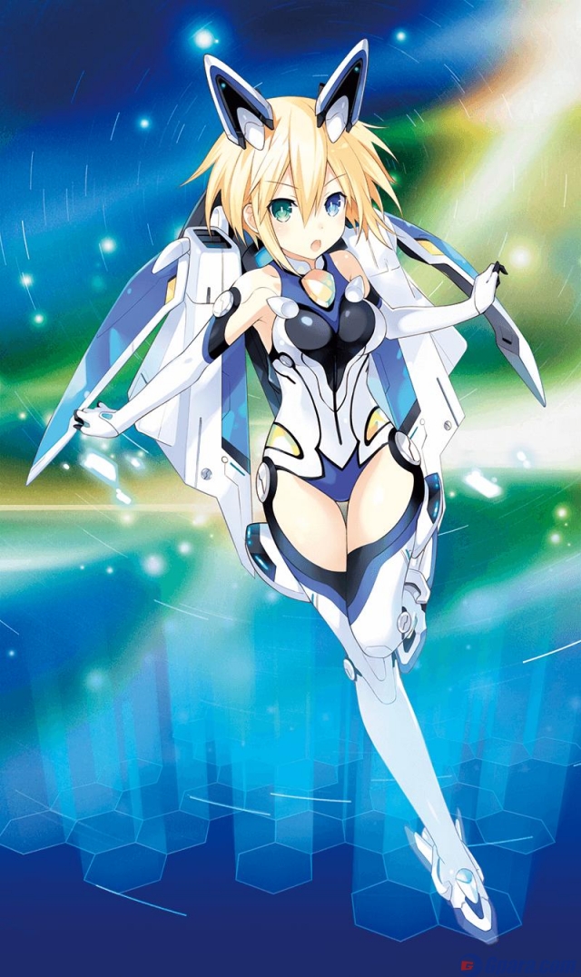 1girl ange_vierge bangs bare_shoulders blonde_hair blue_eyes bodysuit breasts code_omega_77_stella elbow_gloves eyebrows_visible_through_hair full_body gloves green_eyes hair_ornament heterochromia leotard looking_at_viewer medium_breasts open_mouth short_hair simple_background solo thigh-highs tsunako