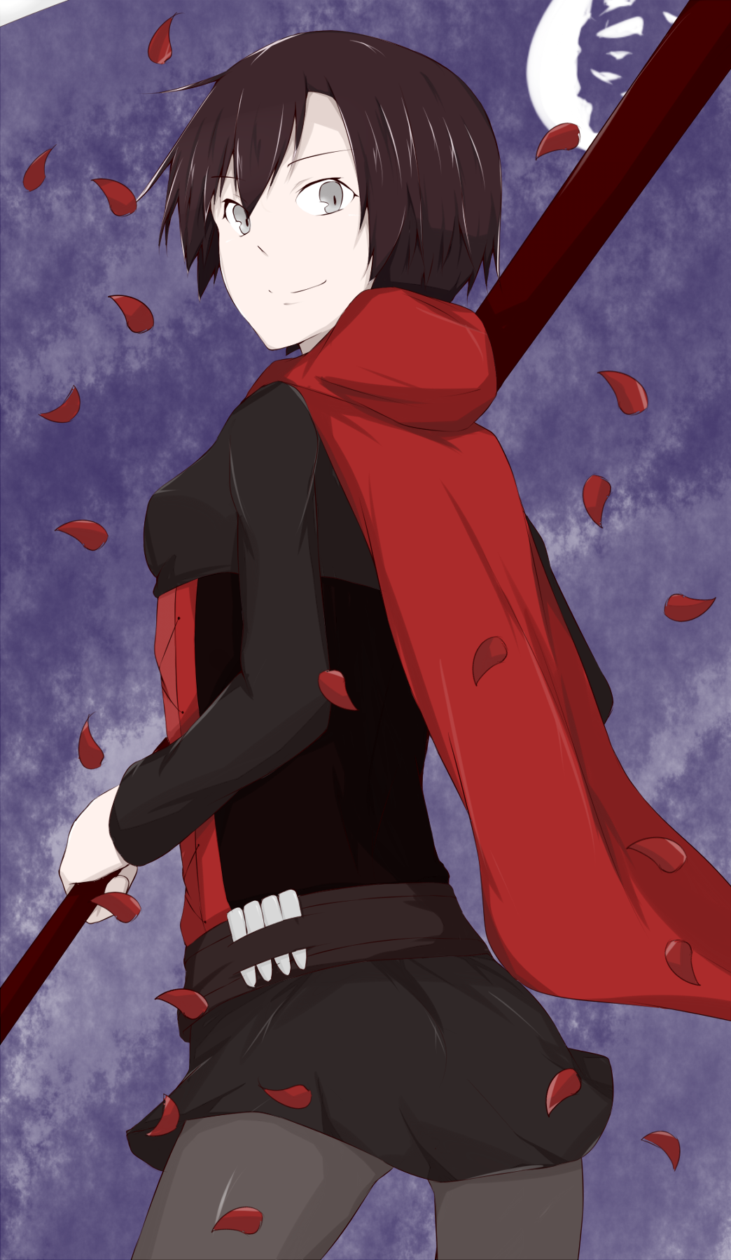 1girl cape highres holding holding_weapon looking_at_viewer pantyhose petals ruby_rose rwby scythe smile solo weapon