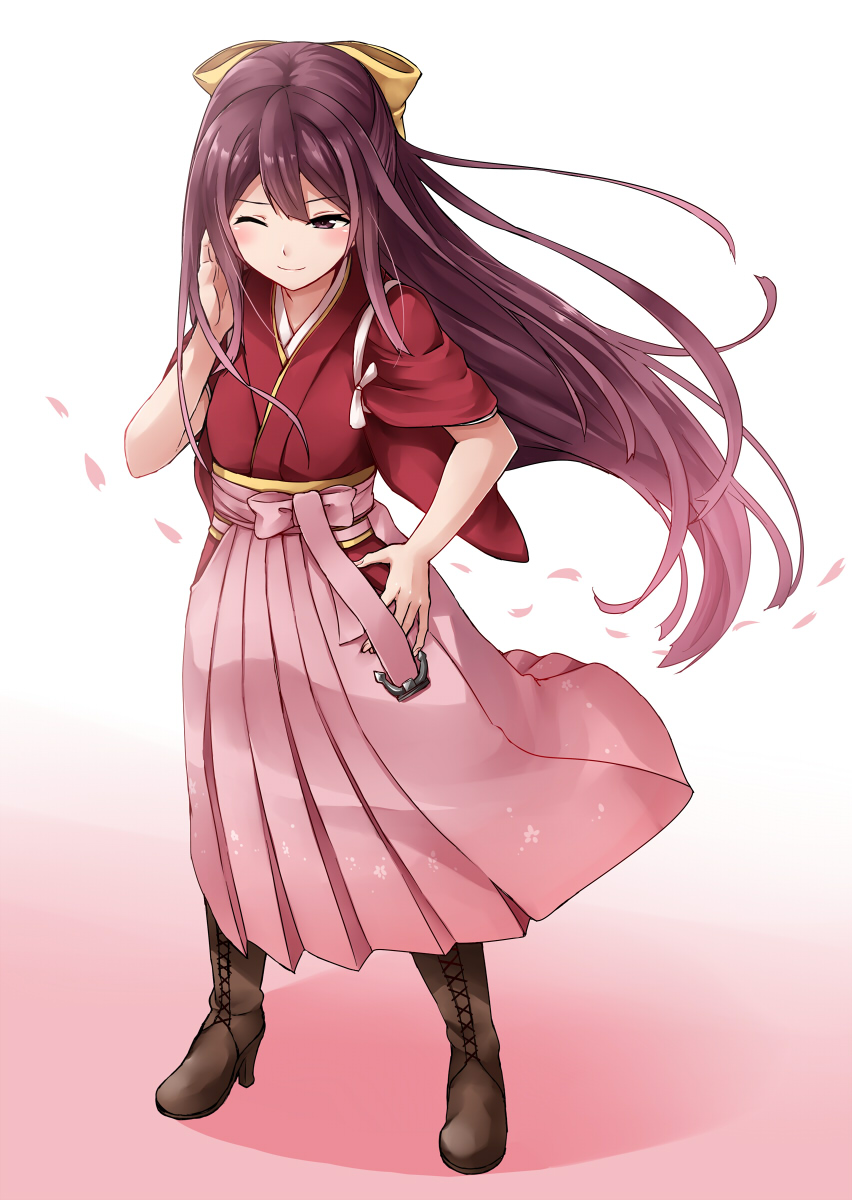 1girl ;) adjusting_hair blush boots bow brown_boots closed_mouth commentary_request cross-laced_footwear eyebrows_visible_through_hair floating_hair full_body hair_bow hakama hand_in_hair hand_on_hip high_heel_boots high_heels highres hip_vent japanese_clothes kamelie kamikaze_(kantai_collection) kantai_collection kimono knee_boots lace-up_boots legs_apart long_hair long_sleeves looking_away looking_to_the_side one_eye_closed pink_bow pink_hakama purple_hair red_kimono smile solo standing tasuki very_long_hair violet_eyes wide_sleeves wind yellow_bow