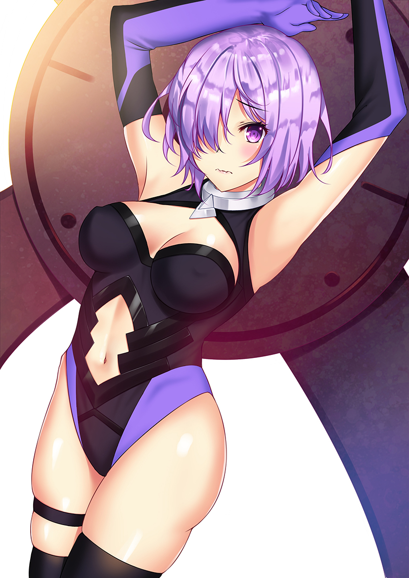 1girl armpits arms_up bare_shoulders black_legwear black_leotard blush breasts cleavage cleavage_cutout closed_mouth collar cowboy_shot elbow_gloves erect_nipples eyebrows_visible_through_hair fate/grand_order fate_(series) frown gloves hair_over_one_eye large_breasts leotard majin_(kiidoumajin) navel navel_cutout pink_hair purple_gloves raised_eyebrows shield shielder_(fate/grand_order) shiny shiny_hair shiny_skin short_hair simple_background skindentation solo standing tareme thigh-highs thigh_strap thighs violet_eyes wavy_mouth white_background