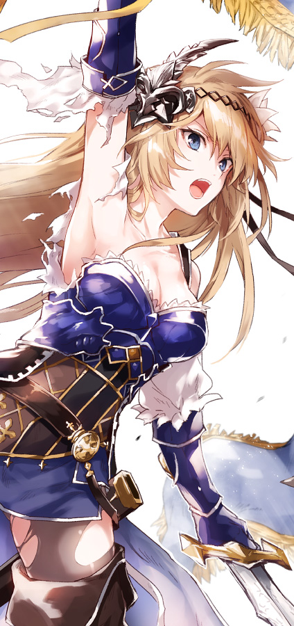 &gt;:o 1girl :o arisaka_ako arm_up armor armpits bare_shoulders blonde_hair blue_eyes boots breasts brown_boots cleavage collarbone flower gauntlets granblue_fantasy hair_flower hair_ornament holding holding_sword holding_weapon jeanne_d'arc_(granblue_fantasy) long_hair looking_at_viewer medium_breasts open_mouth solo standard_bearer sword teeth thigh-highs thigh_boots unsheathed weapon