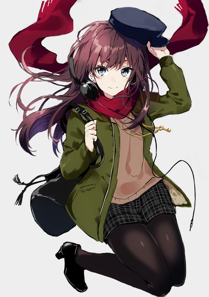 1girl arisaka_ako bag bangs black_legwear blue_eyes brown_hair casual closed_mouth duffel_bag full_body grey_background hat headphones high_heels holding holding_hat ichinose_shiki idolmaster idolmaster_cinderella_girls jacket jewelry long_hair looking_at_viewer necklace open_clothes open_jacket pantyhose pantyhose_under_shorts plaid plaid_shorts red_scarf scarf shorts simple_background smile solo