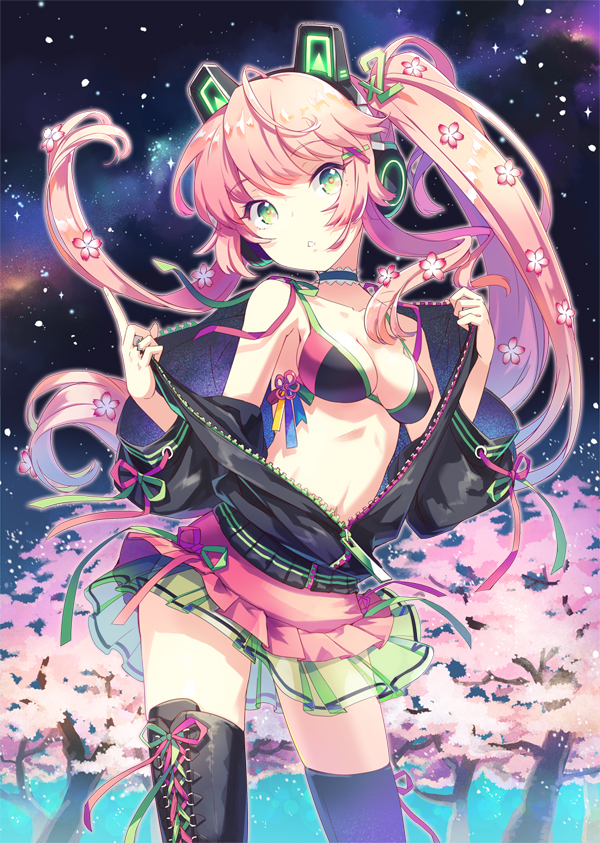 1girl black_boots blush boots breasts cleavage eyebrows_visible_through_hair green_eyes green_skirt h2so4 hair_ornament headphones long_hair looking_at_viewer medium_breasts open_mouth original pink_hair skirt solo triangle_mouth twintails