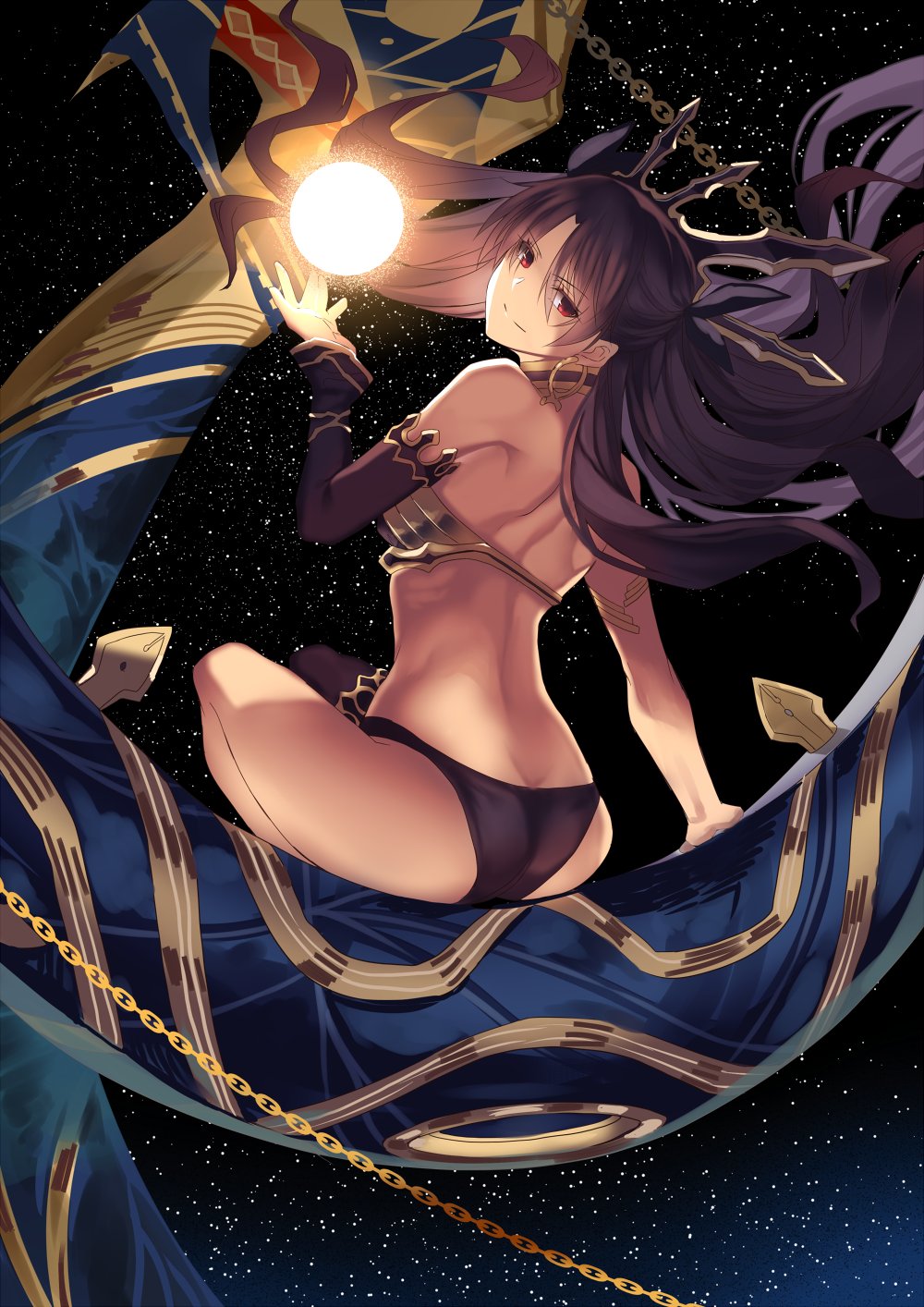 &gt;:) 1girl arm arm_support armlet ass asymmetrical_legwear asymmetrical_sleeves back bangs bare_arms bare_back bare_shoulders black_detached_sleeves black_hair black_legwear black_panties black_ribbon c: chains closed_mouth crown detached_sleeves earrings fate/grand_order fate_(series) female floating_hair hair_ribbon highres hoop_earrings ishtar_(fate/grand_order) jewelry karlwolf knees_up long_hair looking_at_viewer looking_back magic midriff naughty_face neck_ring outdoors panties parted_bangs red_eyes revealing_clothes ribbon single_sleeve single_thighhigh sitting smile solo space sphere star_(sky) starry_background starry_sky strapless thigh-highs tohsaka_rin two_side_up type-moon wavy_hair