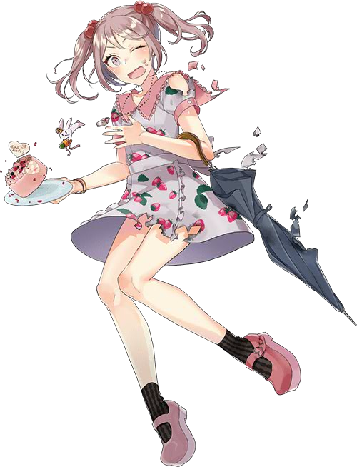 1girl cake crown dress drew_(drew213g) food food_print hair_bobbles hair_ornament jewelry kantai_collection necklace official_art one_eye_closed open_mouth pink_eyes pink_hair rabbit sazanami_(kantai_collection) shoes short_hair strawberry_print torn_clothes twintails umbrella