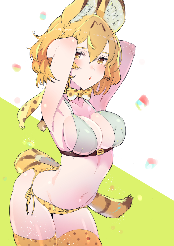 1girl alternate_breast_size alternate_costume animal_ears animal_print arched_back armpits arms_behind_head arms_up bare_arms bare_shoulders bikini blonde_hair bow bowtie breasts cleavage collarbone contrapposto cowboy_shot elbow_gloves gloves hair_between_eyes kemono_friends large_breasts leaning_forward leopard_print light_brown_eyes looking_at_viewer open_mouth serval_(kemono_friends) serval_ears serval_print serval_tail short_hair sideboob sketch solo striped_tail swimsuit tail tajima_ryuushi thighhighs thighs yellow_legwear