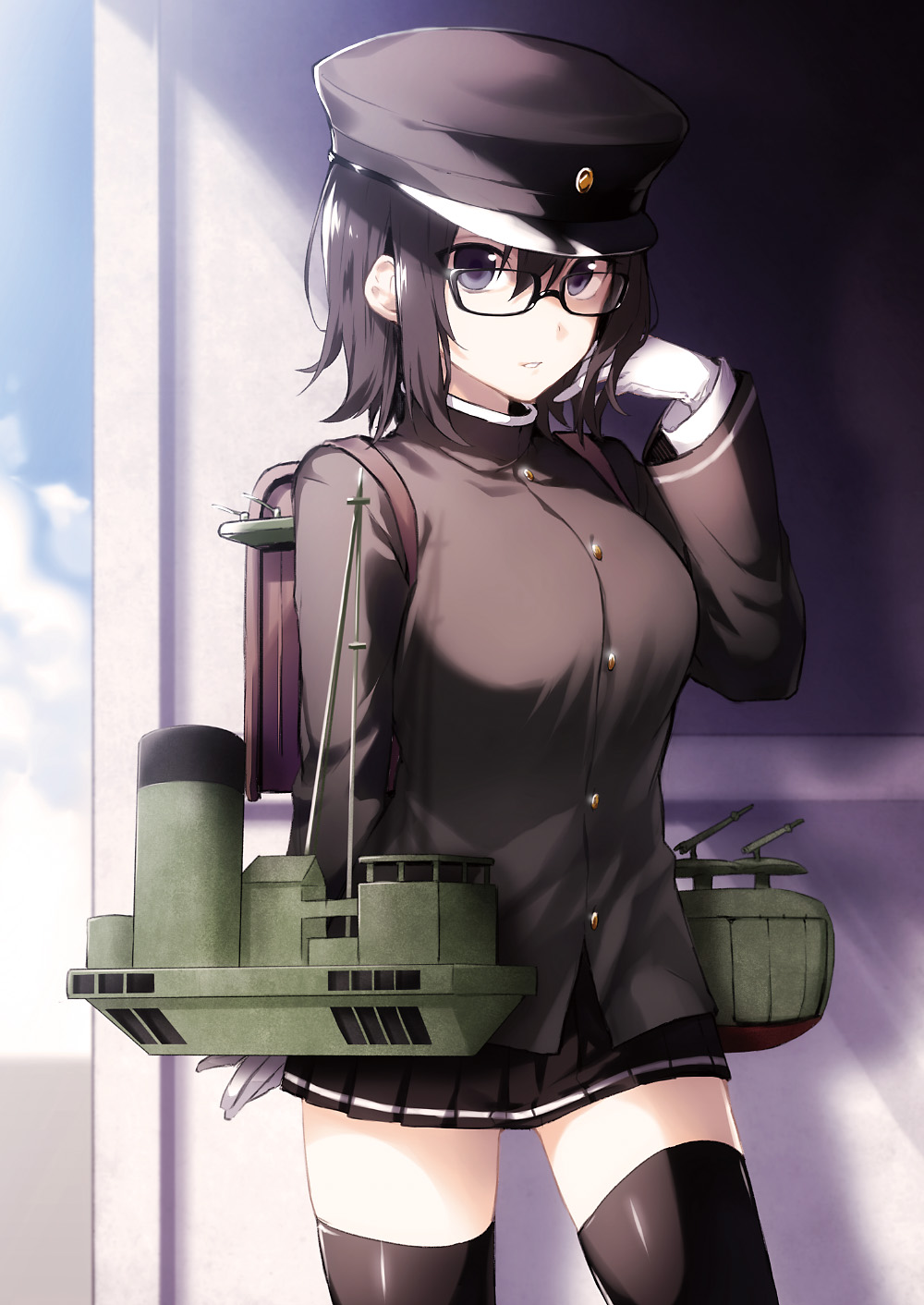 1girl akitsu_maru_(kantai_collection) arisaka_ako backpack bag bangs black-framed_eyewear black_hair blue_eyes breasts cowboy_shot day gloves hair_between_eyes hand_up hat highres kantai_collection large_breasts long_sleeves looking_at_viewer miniskirt outdoors pale_skin parted_lips peaked_cap pleated_skirt randoseru rigging shade short_hair sidelocks skirt solo thigh-highs thighs uniform white_gloves zettai_ryouiki