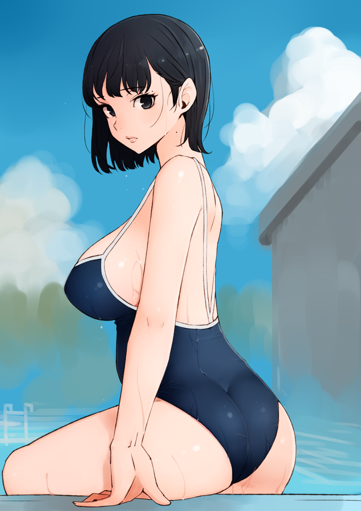 1girl ass bangs bare_shoulders black_hair blee blue_eyes breasts day eyebrows_visible_through_hair from_behind large_breasts looking_at_viewer looking_back mole one-piece_swimsuit original outdoors parted_lips pool pursed_lips school_swimsuit sideboob sitting solo swimsuit thighs wedgie wet