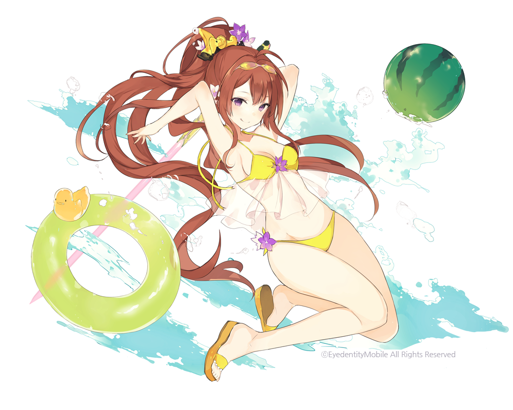1girl :q armpits arms_up bikini breasts brown_hair cleavage floating_hair flower food fruit full_body glasses_on_head groin hair_flower hair_ornament high_ponytail holding holding_sword holding_weapon innertube kai-ri-sei_million_arthur long_hair lpip medium_breasts pink_flower purple_flower see-through sideboob simple_background smile solo swimsuit sword tongue tongue_out very_long_hair violet_eyes watermelon weapon white_background yellow_bikini