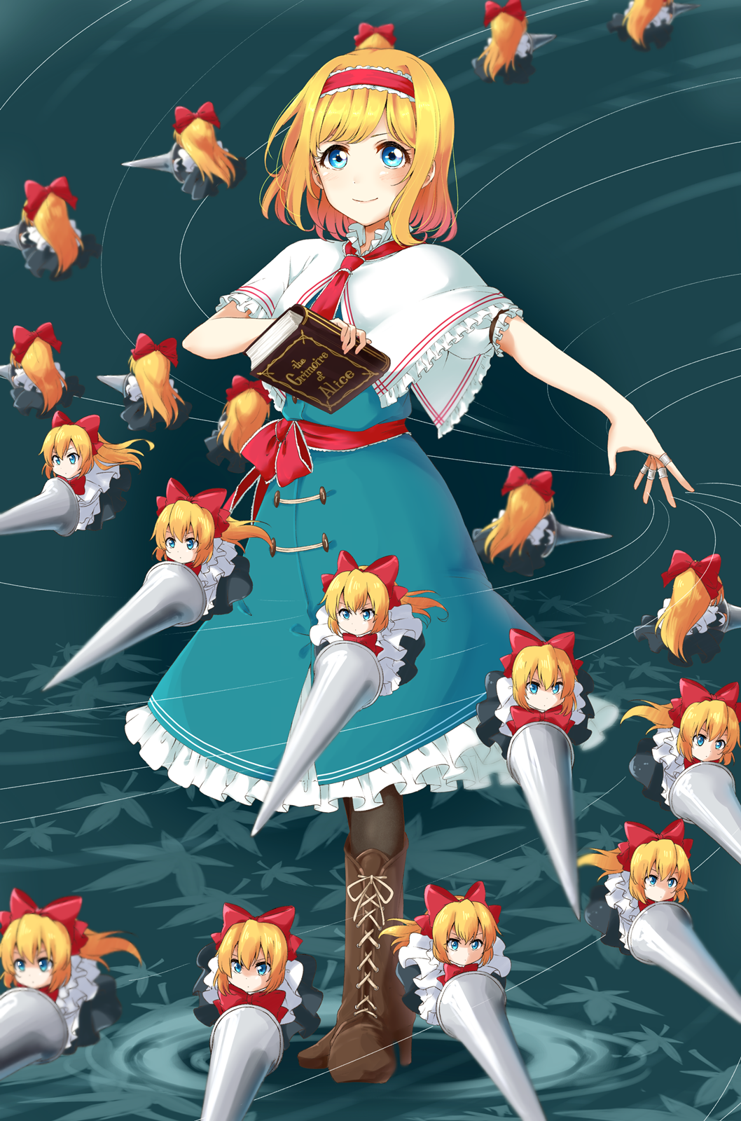 6+girls alice_margatroid bangs black_legwear blonde_hair blue_dress blue_eyes blunt_bangs book boots bow brown_boots capelet cross-laced_footwear dress flying frilled_dress frilled_sleeves frills full_body grimoire_of_alice hair_bow hairband highres holding holding_book holding_weapon knee_boots ksk_(semicha_keisuke) lace lace-up_boots leaf legs_crossed lolita_hairband looking_at_viewer multiple_girls necktie outstretched_arm pantyhose puppet_strings red_bow red_hairband red_necktie sash shanghai_doll short_hair size_difference standing tareme touhou watson_cross weapon