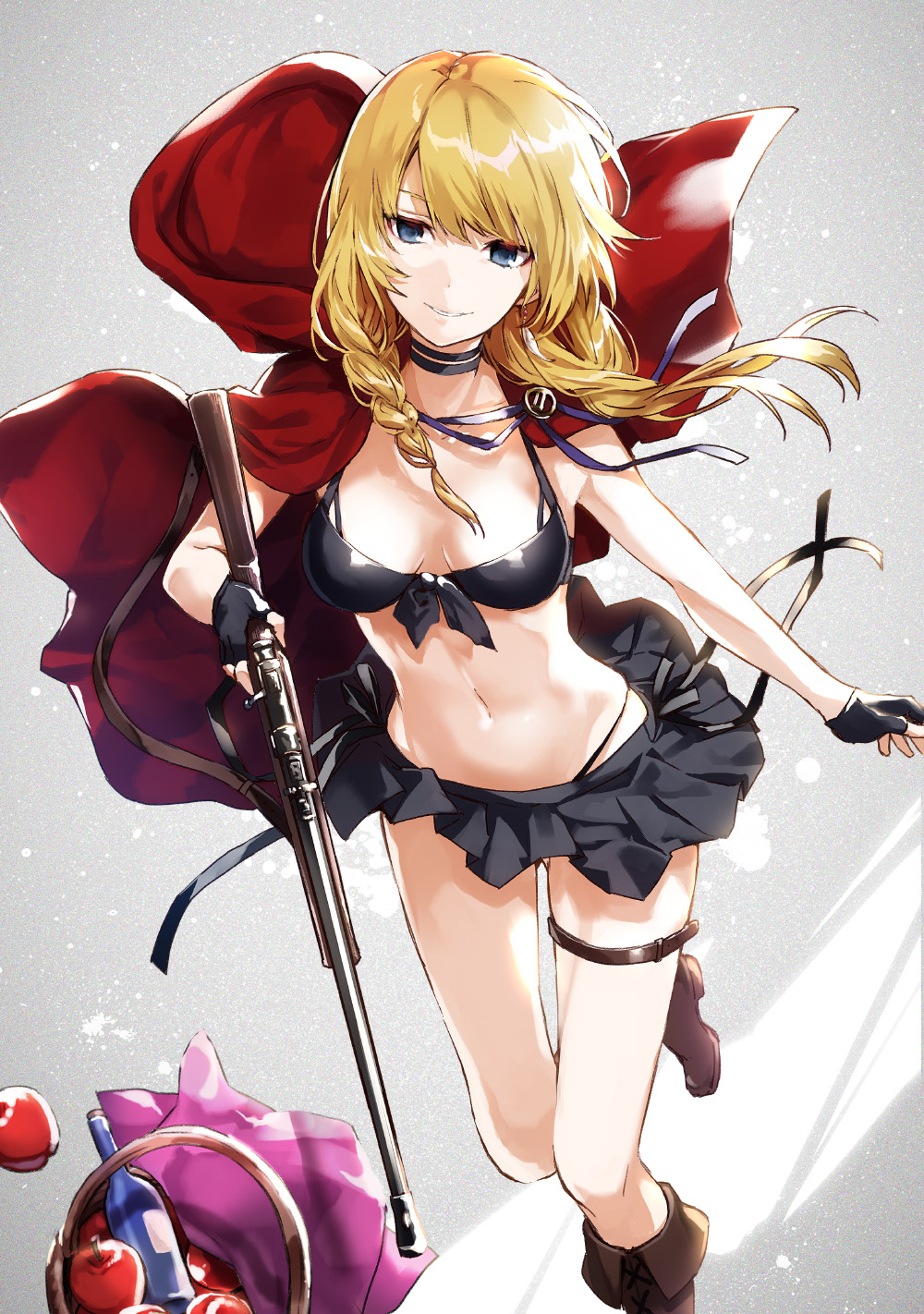 1girl apple arisaka_ako bangs basket bikini_top black_bra black_gloves black_panties black_ribbon black_skirt blonde_hair blue_eyes bolt_action boots bottle bra bra_strap braid breasts brown_boots choker cloak cloth cross-laced_footwear fingerless_gloves food front-tie_top fruit gloves gluteal_fold grey_background grimm's_fairy_tales gun hair_half_undone hair_over_shoulder highres holding holding_gun holding_weapon hood hooded_cloak lace-up_boots little_red_riding_hood little_red_riding_hood_(grimm) long_hair looking_at_viewer medium_breasts midriff navel original panties pleated_skirt red_hood ribbon rifle skindentation skirt smile solo splatter standing standing_on_one_leg stomach thigh_strap underwear weapon