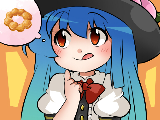 1girl :q blue_hair blush bow bowtie collared_shirt commentary_request doughnut finger_to_cheek food food_on_head fruit fruit_on_head hammer_(sunset_beach) hat hinanawi_tenshi licking_lips long_hair object_on_head orange_background peach pon_de_ring puffy_short_sleeves puffy_sleeves red_eyes shirt short_sleeves solo thinking tongue tongue_out touhou