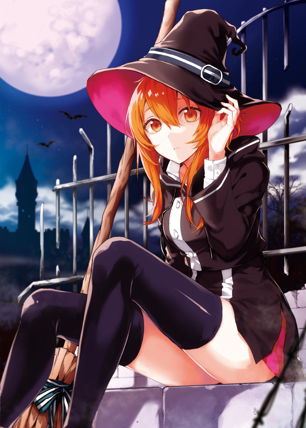 1girl angela_(arisaka_ako) arisaka_ako bangs bat black_legwear broom fence full_moon hair_between_eyes hand_up hat highres legs_apart long_hair long_sleeves looking_at_viewer moon night orange_eyes orange_hair original outdoors parted_lips sitting solo thigh-highs thighs witch witch_hat