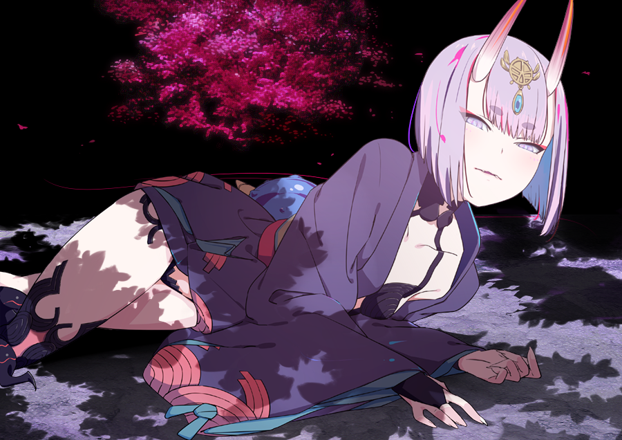 1girl blush breasts cherry_blossoms eyebrows_visible_through_hair fate/grand_order fate_(series) horns japanese_clothes kimono looking_at_viewer lying on_side oni oni_horns purple_hair shadow short_hair shuten_douji_(fate/grand_order) small_breasts sohin solo thick_eyebrows thighs violet_eyes
