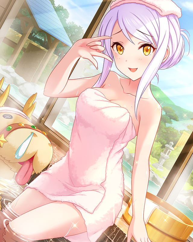 1girl artist_request bangs bath blitzen blue_sky breasts cleavage collarbone eve_santaclaus fingernails idolmaster idolmaster_cinderella_girls long_fingernails long_hair looking_at_viewer naked_towel official_art onsen open_mouth partially_submerged reindeer ryokan sky smile solo tied_hair towel towel_on_head water white_hair window yellow_eyes