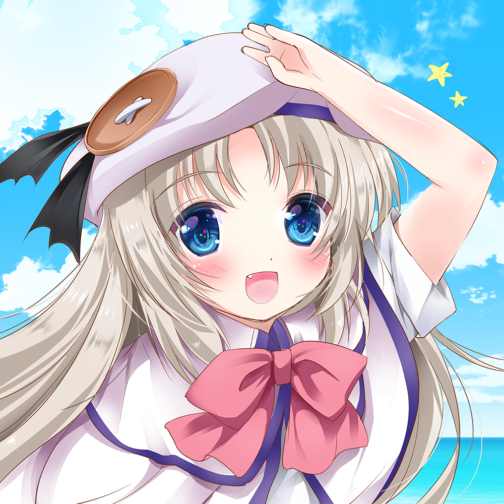 1girl asahina_yori bat_hair_ornament beach beret blue_eyes capelet day fang hair_ornament hat large_buttons little_busters!! long_hair noumi_kudryavka ocean open_mouth outdoors salute school_uniform silver_hair solo upper_body white_hat