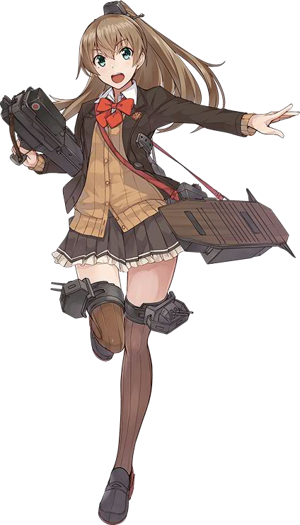 1girl blue_eyes bow_(weapon) brown_hair crossbow flight_deck full_body kantai_collection konishi_(koconatu) kumano_(kantai_collection) long_hair official_art pleated_skirt ponytail remodel_(kantai_collection) school_uniform skirt striped striped_legwear sweater thigh-highs weapon