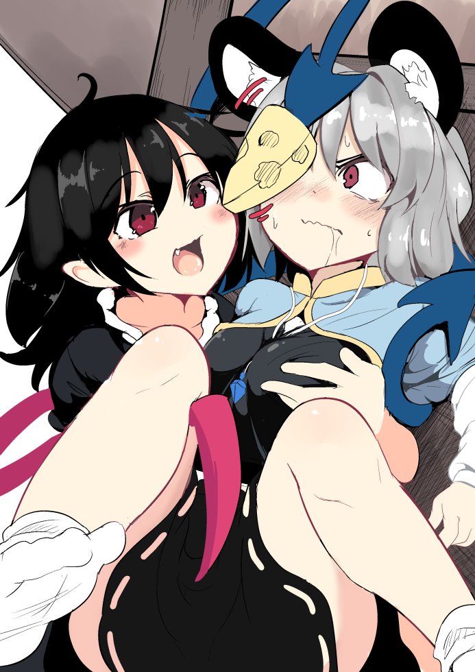 2girls ahoge animal_ears bangs between_breasts black_hair black_skirt blush breast_grab breasts capelet cheese closed_mouth commentary_request drooling eyebrows_visible_through_hair fang food grabbing grey_hair hair_between_eyes houjuu_nue jewelry lolimate long_sleeves motion_lines mouse_ears multiple_girls nazrin necklace no_nose no_shoes nose_blush open_mouth red_eyes saliva skirt small_breasts socks sweat teasing touhou wavy_mouth white_legwear