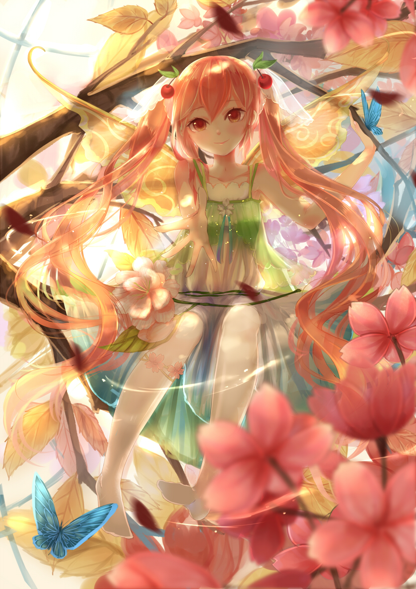 1girl alternate_color alternate_hair_color barefoot blush butterfly cherry cherry_blossoms dress feet flower hair_ornament hatsune_miku long_hair lu_(tabasa1991) pink_hair red_eyes sakura_miku tree twintails vocaloid