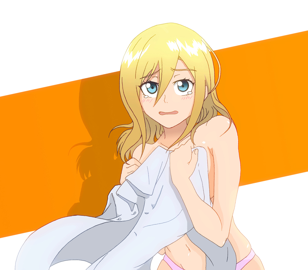 1girl artist_request blonde_hair blue_eyes blush breasts christa_renz covering covering_breasts groin long_hair looking_at_viewer navel nude_cover panties partially_undressed pink_panties shingeki_no_kyojin sideboob skindentation solo tearing_up underwear upper_body wavy_mouth