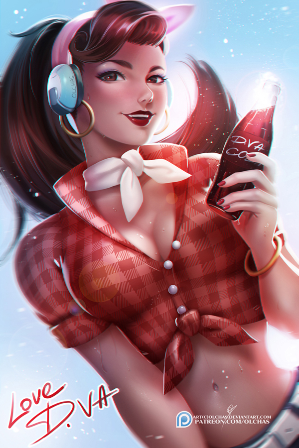 1girl bangle blue_sky bracelet brand_name_imitation breasts brown_eyes brown_hair buttons cleavage cruiser_d.va d.va_(overwatch) dutch_angle earrings eyelashes front-tie_top headphones hoop_earrings jewelry lens_flare long_hair looking_at_viewer medium_breasts midriff navel olga_solovian outdoors overwatch parted_lips patreon_logo plaid plaid_shirt red_lips red_shirt shirt short_sleeves signature sky smile soda soda_bottle solo upper_body white_choker