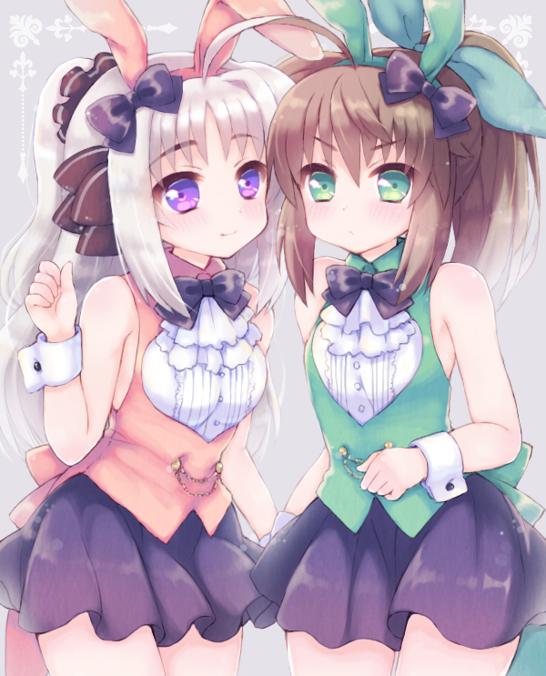 2girls ahoge animal_ears artist_request bare_shoulders blush bow brown_hair bunny_girl chains fake_animal_ears fuuka_reventon green_eyes hair_bow long_hair lyrical_nanoha multiple_girls ponytail rabbit_ears rinne_berlinetta silver_hair skirt sleeveless smile violet_eyes vivid_strike! wrist_cuffs