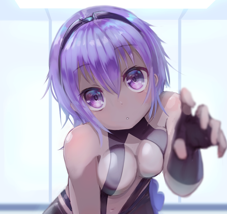 1girl :o assassin_(fate/prototype_fragments) bare_shoulders black_gloves blush breasts cleavage dark_skin fate/grand_order fate/prototype fate/prototype:_fragments_of_blue_and_silver fate_(series) fingerless_gloves gloves hair_between_eyes looking_at_viewer medium_breasts open_mouth p_answer purple_hair short_hair solo violet_eyes