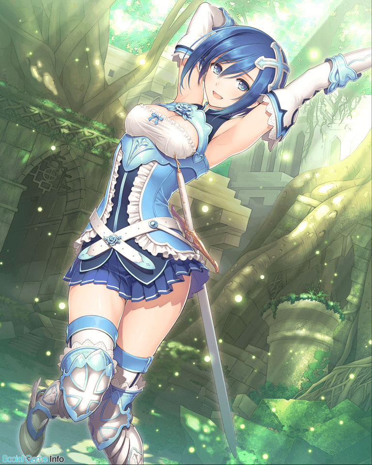 1girl armor armored_boots armpits arms_up bangs belt blue_eyes blue_hair boots breasts cleavage dress elbow_gloves eyebrows_visible_through_hair frills gloves hair_ornament hortensia_saga knee_boots looking_at_viewer medium_breasts open_mouth outdoors pleated_skirt ribbon short_dress short_hair skirt sleeveless smile solo sword tanaka_takayuki thigh-highs weapon zettai_ryouiki