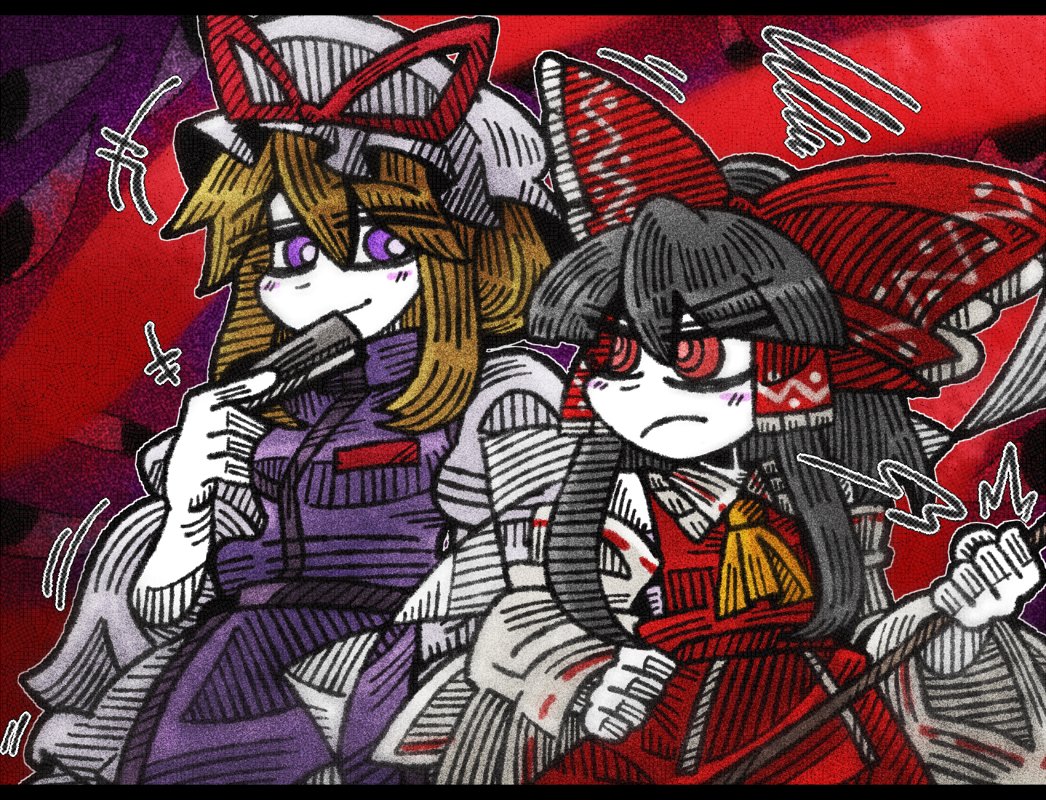 +++ 2girls ascot bangs black_hair blonde_hair blunt_bangs blush_stickers bow dress eyebrows_visible_through_hair fan folding_fan frilled_hat frilled_shirt_collar frills frown gap hair_between_eyes hair_tubes hakurei_reimu hat hat_ribbon line_shading long_hair looking_at_another looking_back mob_cap multiple_girls puffy_sleeves red_bow red_eyes red_ribbon red_shirt red_skirt ribbon shirt sidelocks skirt skirt_set smile suenari_(peace) tabard touhou violet_eyes white_dress white_hat white_skin wide_sleeves yakumo_yukari yellow_ascot