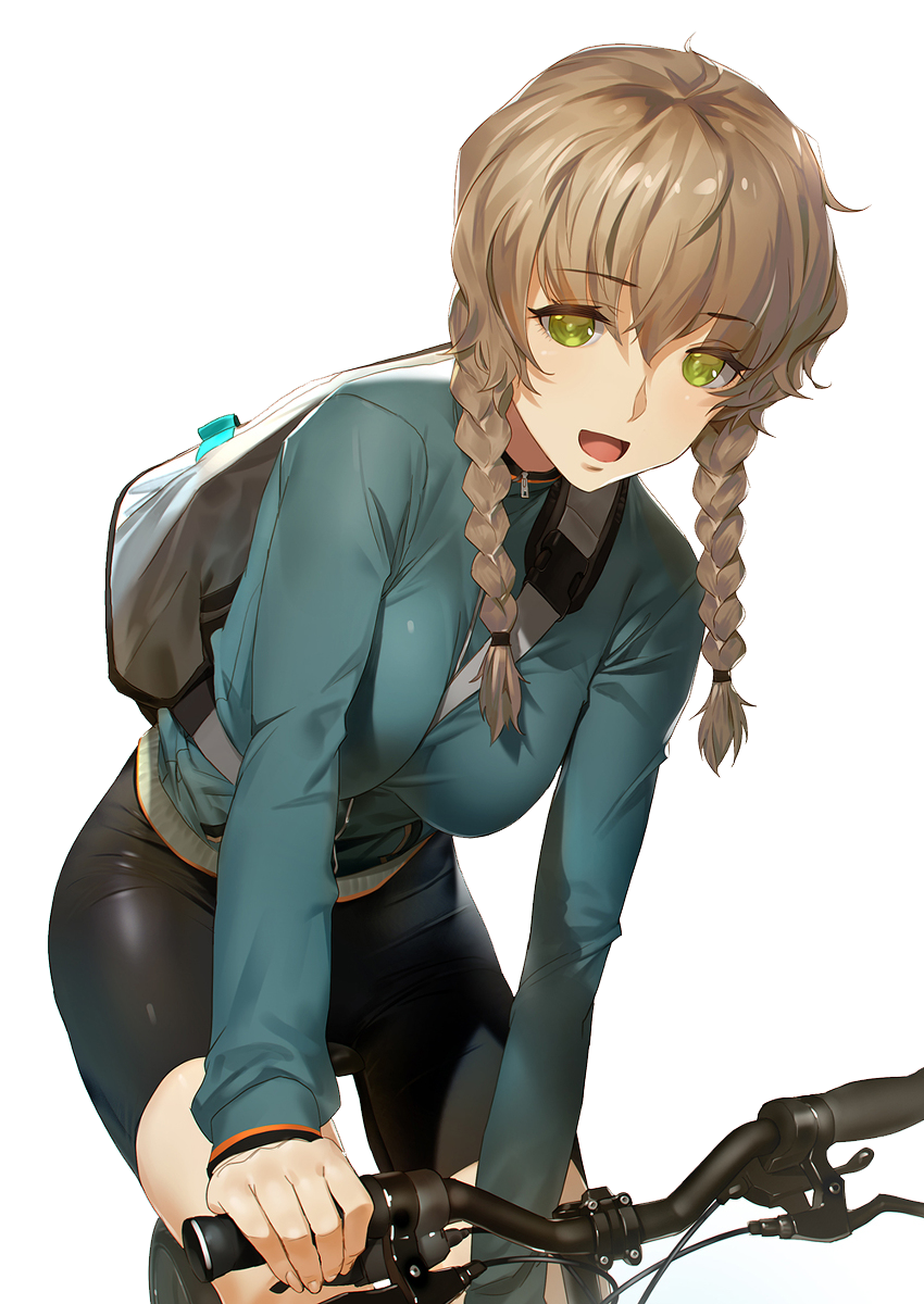 1girl :d amane_suzuha bag between_breasts bicycle bike_shorts black_shorts blue_jacket blush braid breasts eyebrows eyebrows_visible_through_hair green_eyes ground_vehicle highres jacket leaning_forward long_hair long_sleeves looking_at_viewer medium_breasts open_mouth over_shoulder riding short_hair shorts signature smile solo steins;gate strap_cleavage tomboy track_jacket twin_braids yang-do zipper