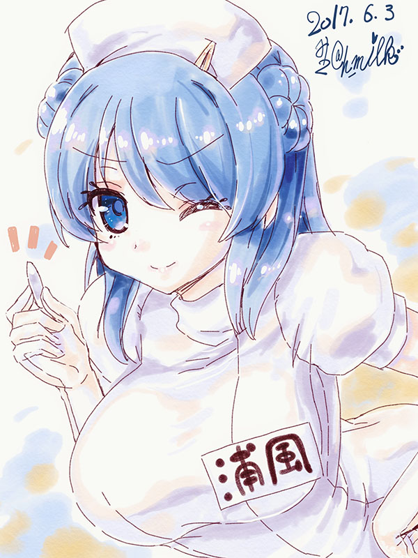 1girl blue_eyes blue_hair breasts commentary_request dated double_bun elbow_gloves eyebrows_visible_through_hair gloves hat kantai_collection large_breasts miuku_(marine_sapphire) name_tag nurse nurse_cap one_eye_closed puffy_short_sleeves puffy_sleeves short_sleeves signature smile suppository urakaze_(kantai_collection)