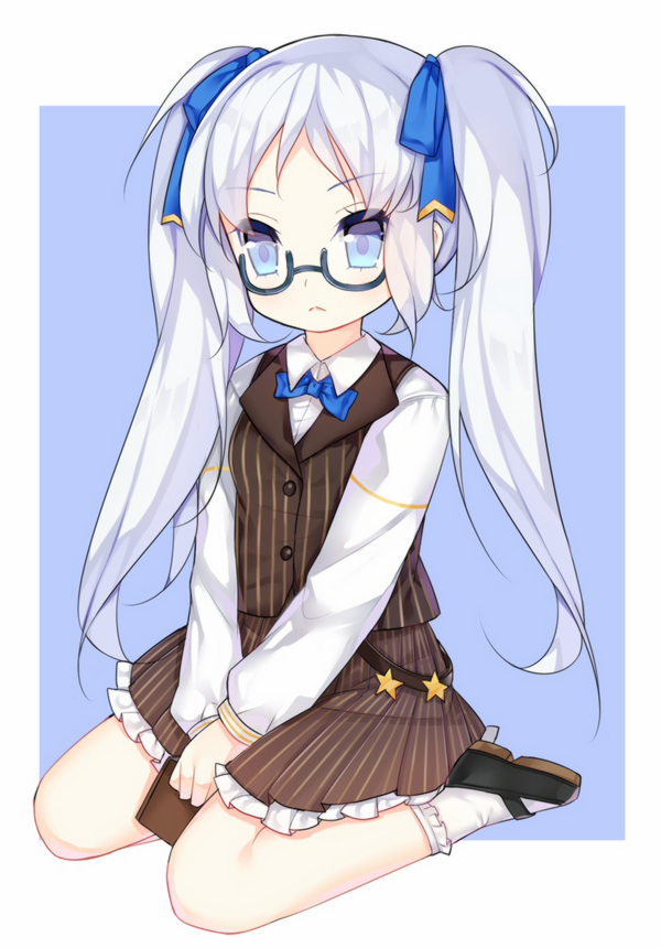 1girl black_shoes blue_bow blue_bowtie blue_eyes blue_ribbon bow bowtie brown_skirt brown_vest buttons closed_mouth glasses hairband hands_together long_hair pleated_skirt ribbon shirt shoes simple_background sitting sitting_on_lap sitting_on_person skirt star striped striped_skirt tengxiang_lingnai twintails waistcoat washington_(zhan_jian_shao_nyu) white_legwear white_shirt zhan_jian_shao_nyu