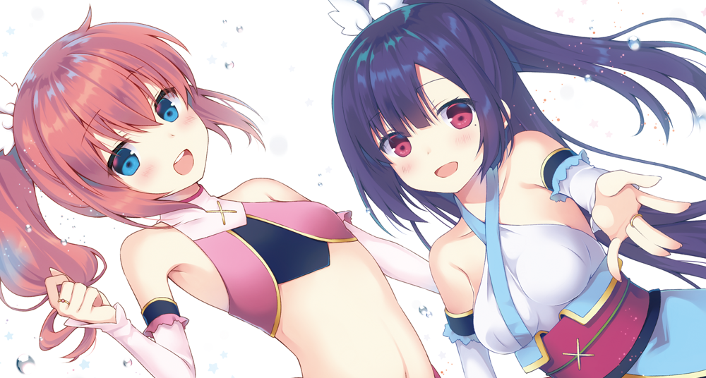 2girls :d amatsuki_meguru angel_rose angel_sapphire bare_shoulders blue_eyes blue_hair blush boots breasts brown_hair detached_sleeves eyebrows_visible_through_hair female halter_top halterneck jewelry kaitou_tenshi_twin_angel kanora kisaragi_sumire large_breasts long_hair looking_at_viewer magical_girl midriff multiple_girls navel open_mouth outstretched_arm outstretched_hand ponytail red_eyes ring round_teeth side_ponytail smile teeth twin_angel twin_angel_break upper_body white_detached_sleeves