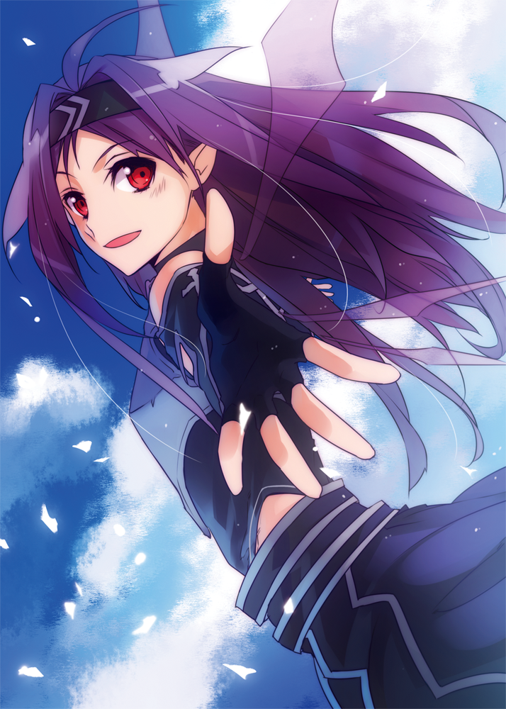 1girl :d ahoge black_gloves black_hairband black_shirt breastplate clouds cloudy_sky dutch_angle fingerless_gloves floating_hair from_side gloves hairband jianmo_sl long_hair looking_at_viewer open_mouth outstretched_arm purple_hair purple_wings red_eyes shirt sky smile solo sword_art_online transparent_wings wings yuuki_(sao)