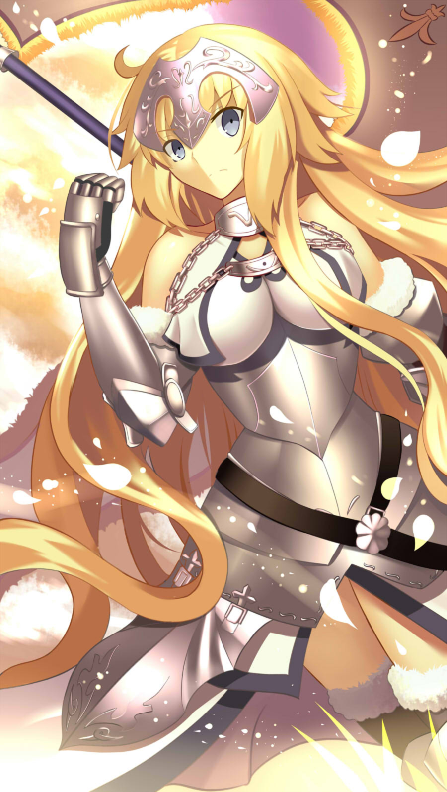 1girl armor armored_dress banner black_boots blonde_hair blue_eyes boots breasts breasts_apart dutch_angle eyebrows_visible_through_hair fate/apocrypha fate_(series) floating_hair gauntlets highres holding holding_weapon large_breasts long_hair paperfinger petals ruler_(fate/apocrypha) solo standing thigh-highs thigh_boots very_long_hair weapon