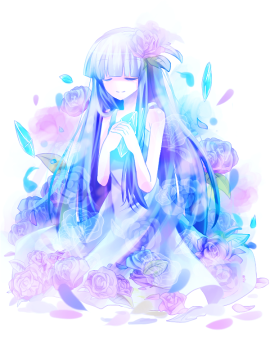 1girl bare_shoulders blue_hair closed_eyes crystal dress flower furude_rika hair_ornament higurashi_no_naku_koro_ni leaf long_hair simple_background solo white_background yurie_(imasen)